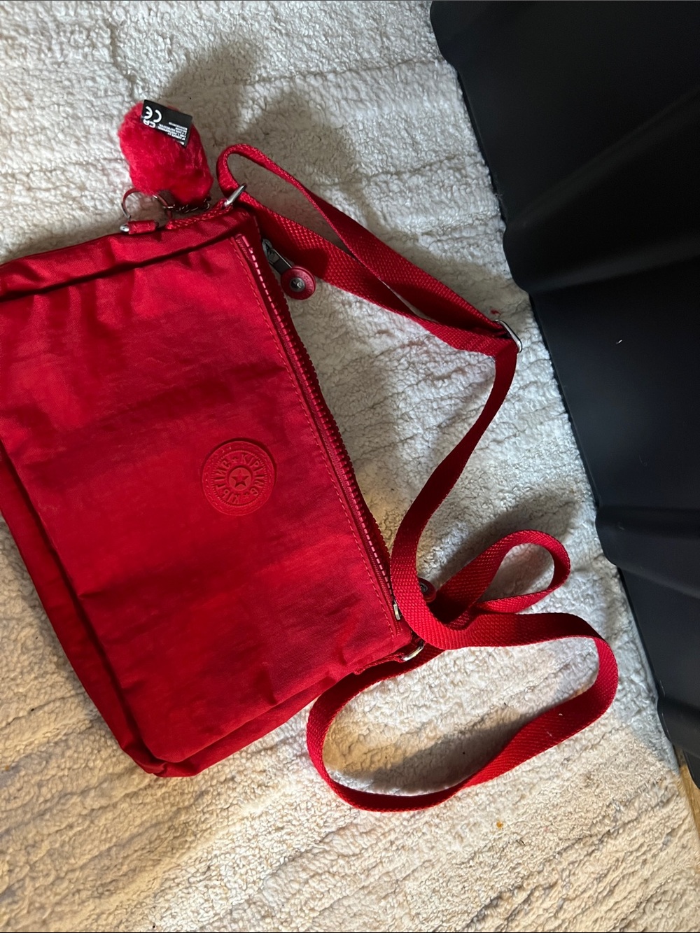 Kipling Bright Red Nylon Crossbody Bag with Pom Charm